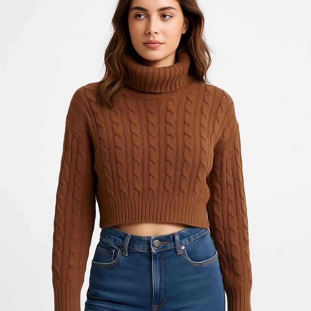 Ambiance Apparel Brown Cable Knit Cropped Turtleneck Sweater | Women’s M
